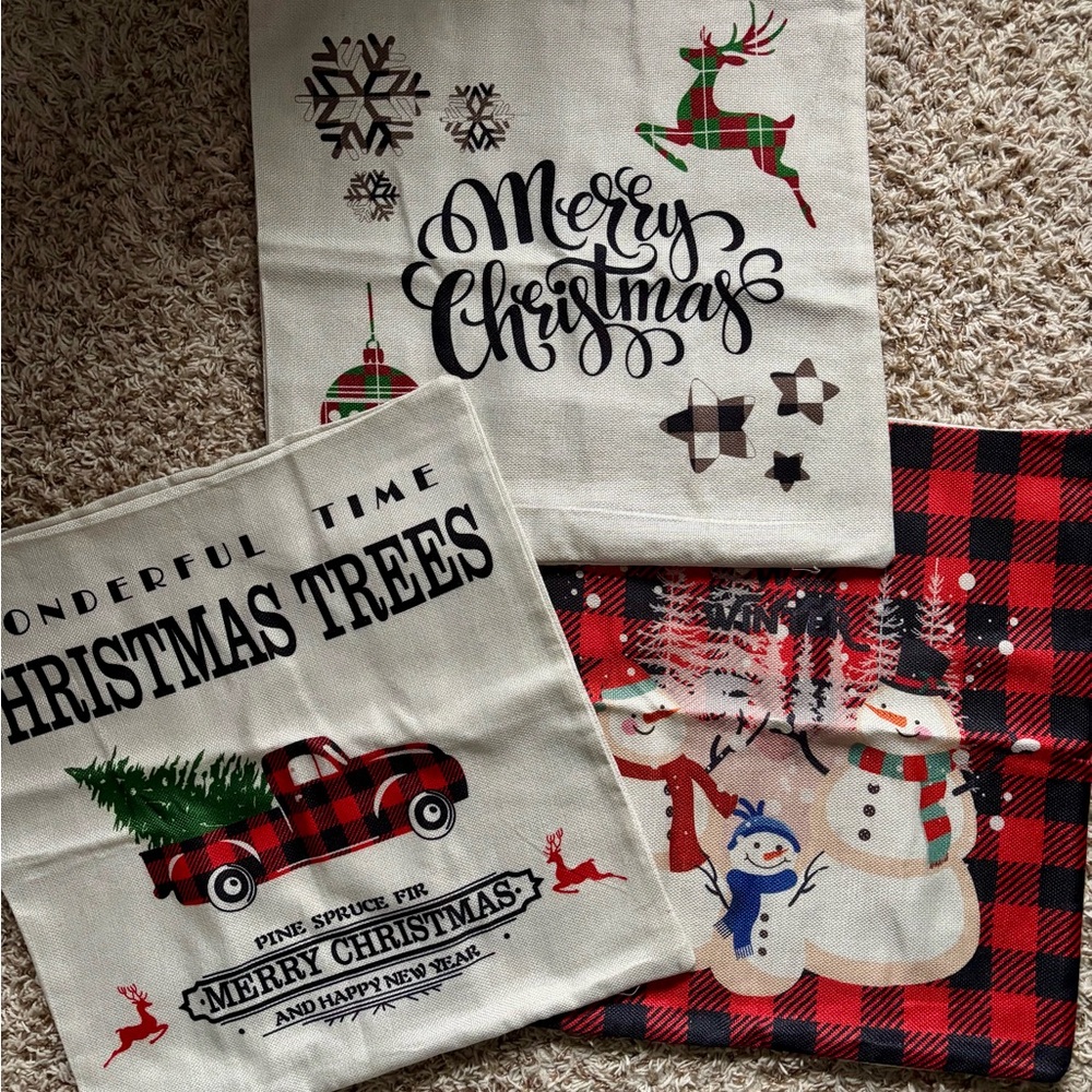 Vintage Looking Festive Christmas Pillow Covers Set - Red, Green, Black 17”x17”